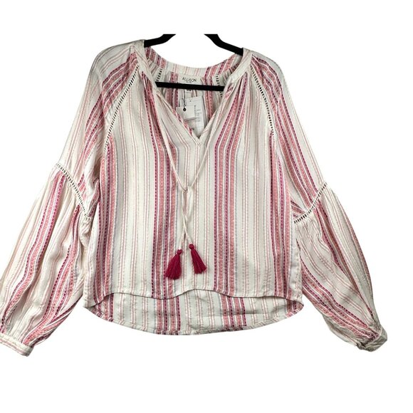 Allison New York Womens Striped Long Bell Sleeve Boho Top Tassels Crochet Sz XS - Picture 2 of 13